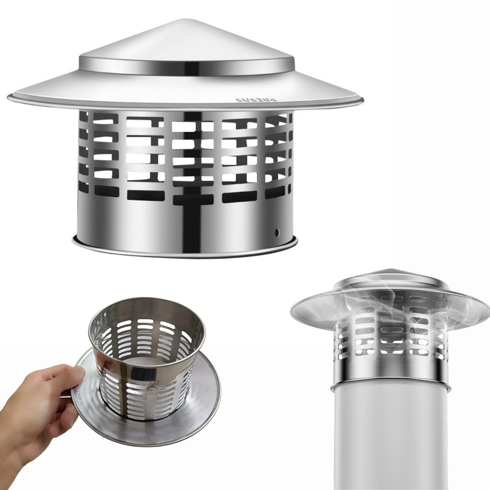 GKSNCJSMF Roof Rain Chimney Caps 304 Stainless Steel Cone Top Cone Top Chimney Cowl with Bird Guard Flue Pipe Cover Cap Stove Pipe Topper for Vent Cap 75-300mm Roof Vent Cover(110mm/4.33in)
