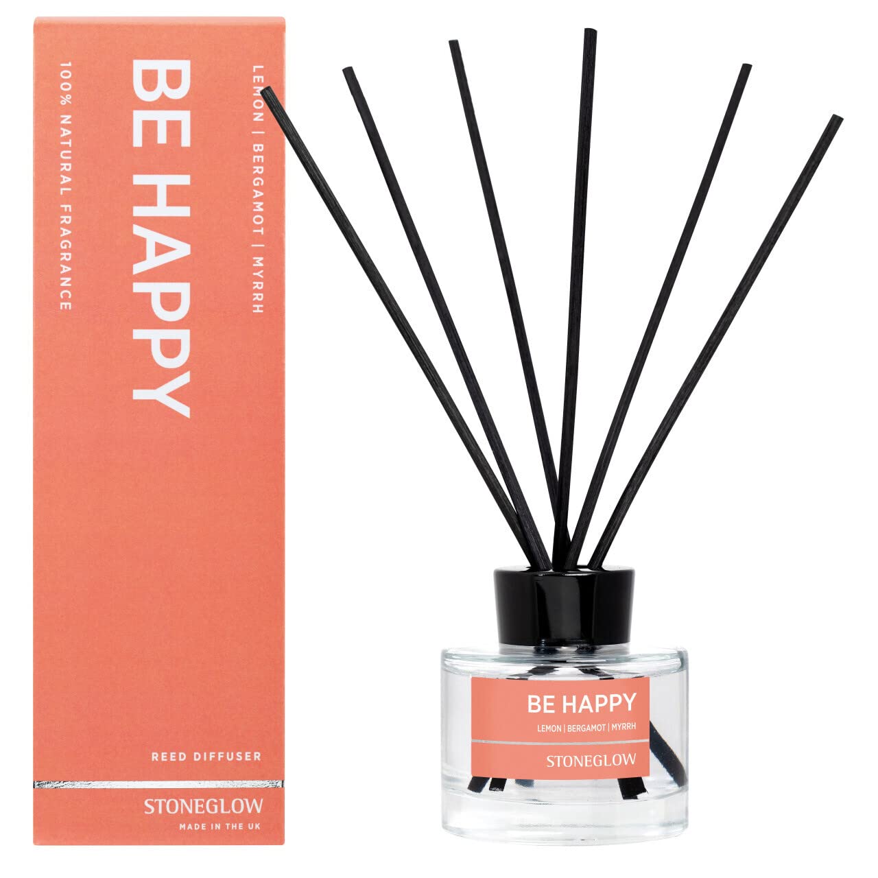 Stoneglow Wellbeing Be Happy 100% Natural Essential Oil Scented Reed Diffuser 140ml - Lemon Bergamot Myrrh Notes, Lasts 12 Weeks, 10 Rattan Reeds, Refillable & Reusable, Premium Air Freshener