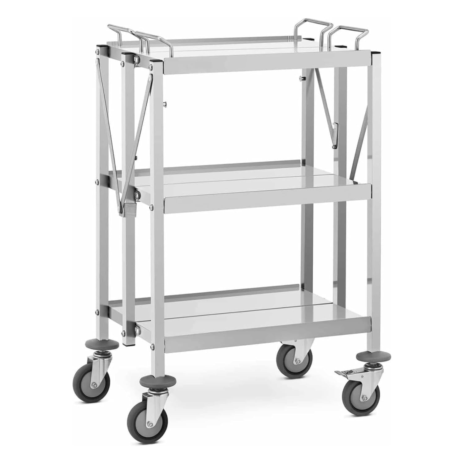 Carrello di servizio pieghevole in acciaio inox, 3 vassoi, 650 × 400 mm, capacità massima 150 kg, ruote 130 mm, con freni per restauro, hotel, comunità (modello compatto – 63 x 40 cm)