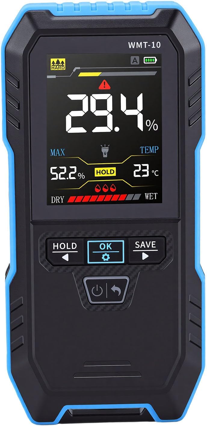 Hilitand Pinless Humidity Meter, Rechargeable Water Content Detector for Wood with Flashlight, Digital Tester 4 Modes Data Hold Record for Drywall Firewood