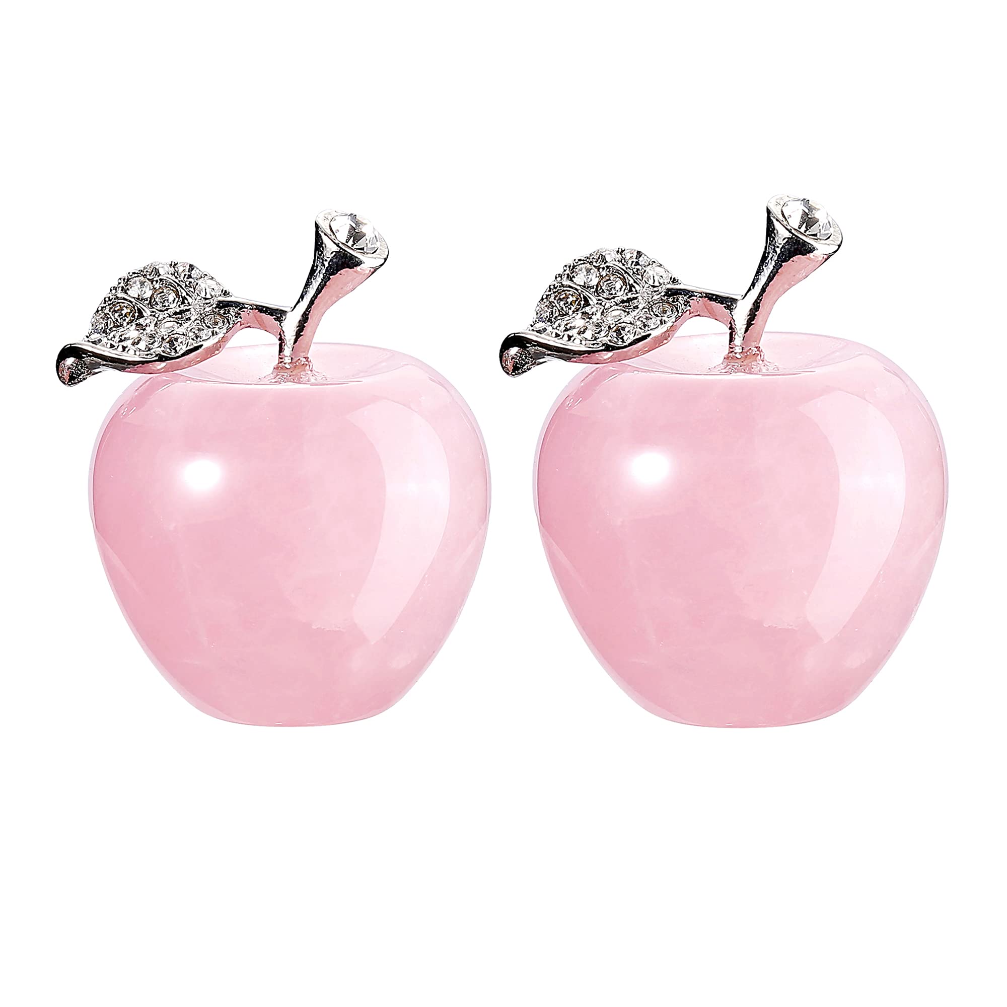 Jovivi 2 Pcs Carved Gemstone Natural Rose Quartz Apple Crystal Ball w/Alloy Leaf Apple Figurines Statues Healing Crystal Stone Home Christmas Decorations