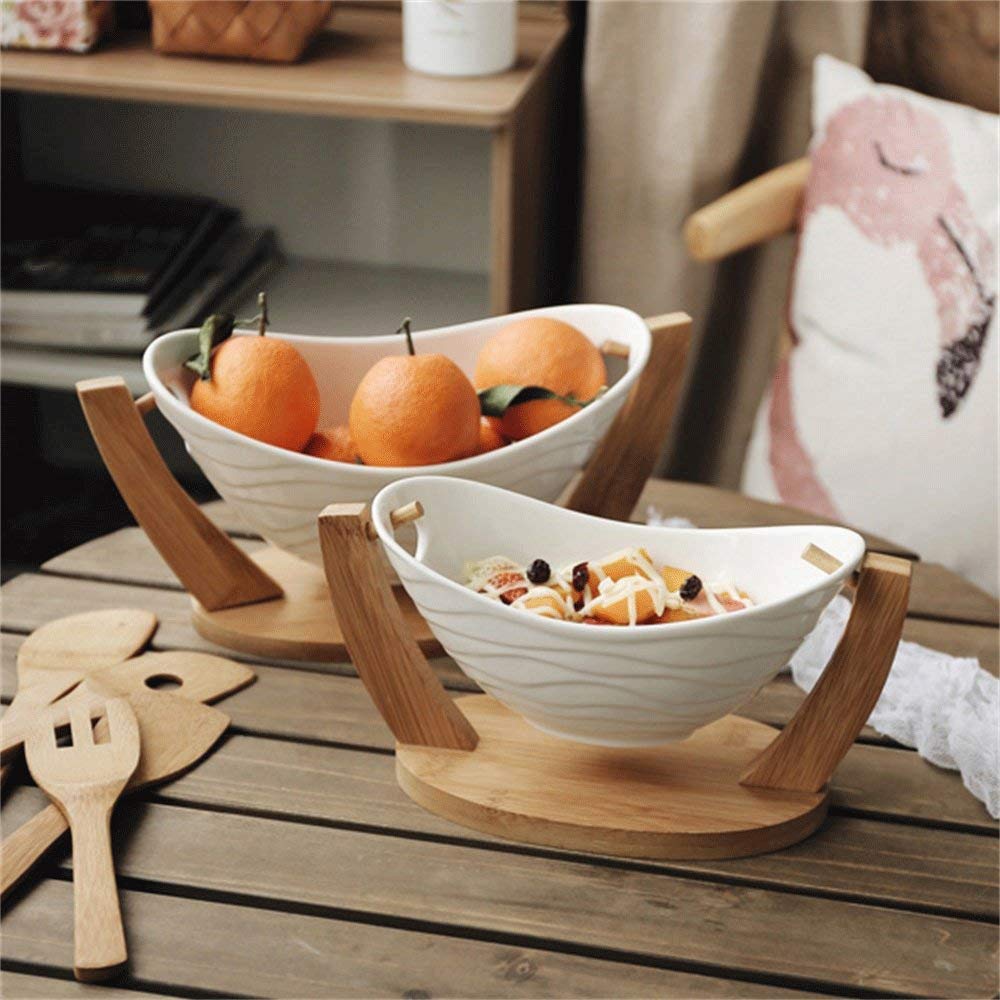 Créatif Bol De Fruits avec Support en Bambou, Berceau Saladier Bol à Collation Aux Fruits Vaisselle en Céramique Blanc,White-32cm(12.8inch)