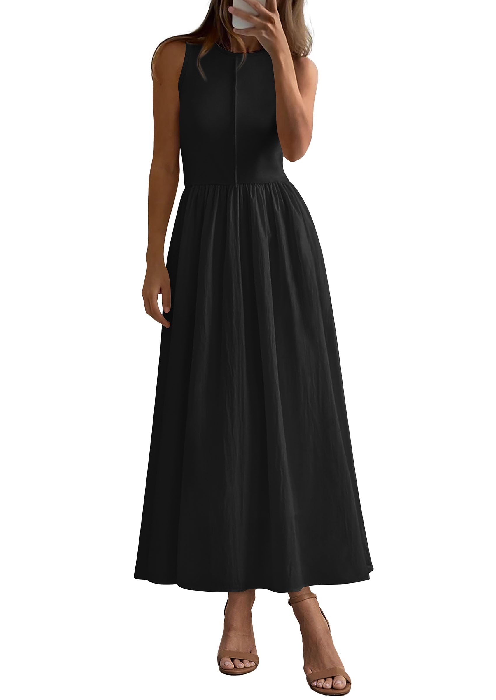 PRETTYGARDEN Women Maxi Dresses 2025 Summer Casual Sleeveless Patchwork Knit Tank Dress Flowy Beach Sundress Long Dress