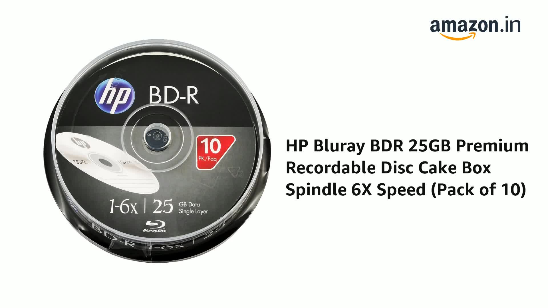 HP Bluray BDR 25GB Premium Recordable Disc Cake Box Spindle 6X  