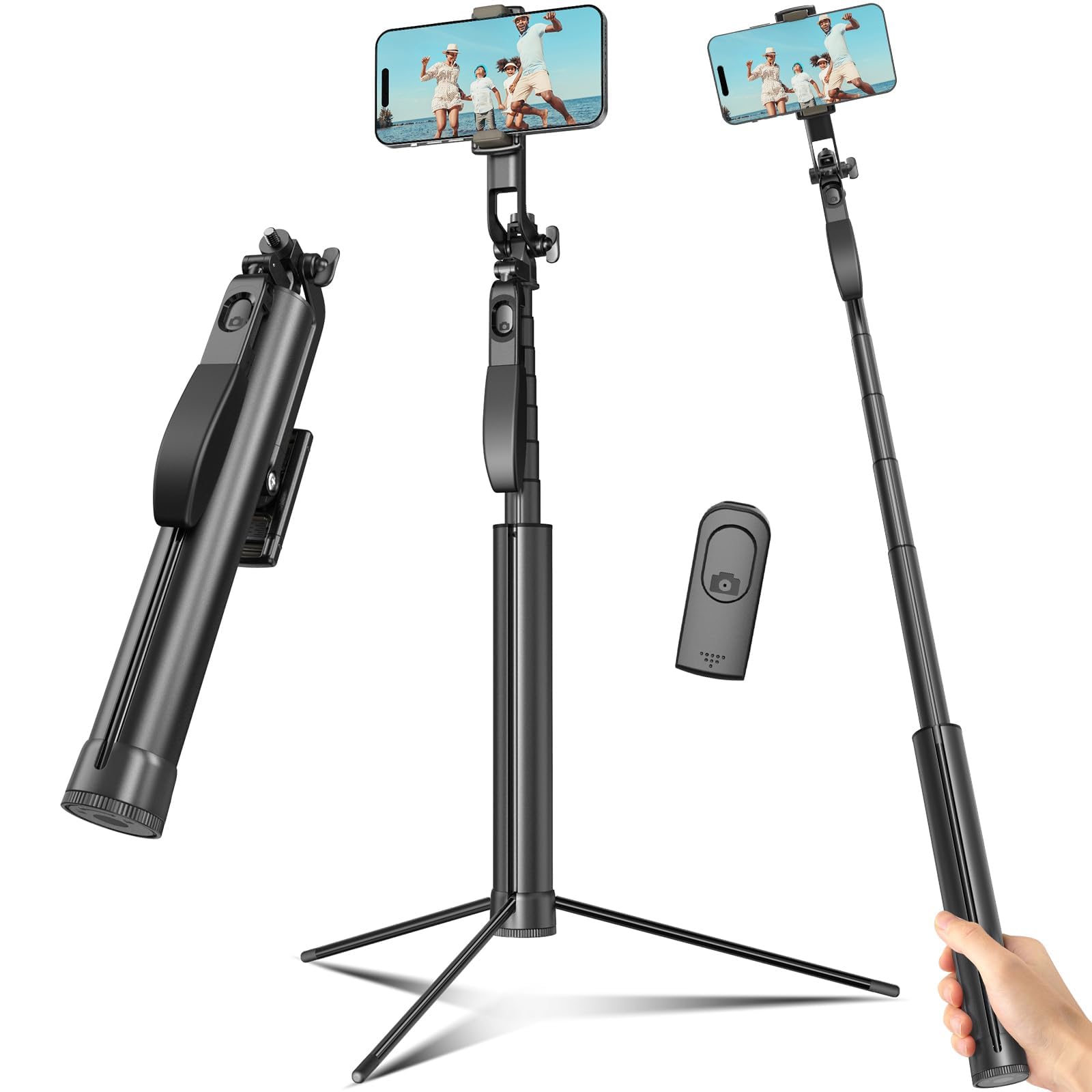 Selfie Stick Travel Tripod for Cell Phone with Remote Control and Phone Holder, Extendable Selfie Stick for iPhone, iPhone Tripod for Video Recording, 72 Inch, Black