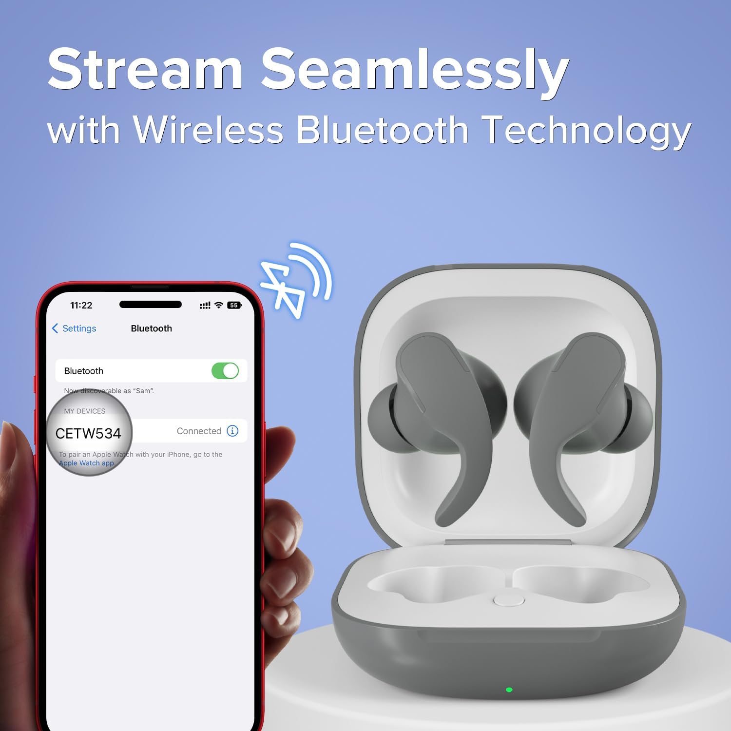 Smartphone displaying Bluetooth settings with 'CETW534' connected, next to earbuds in case