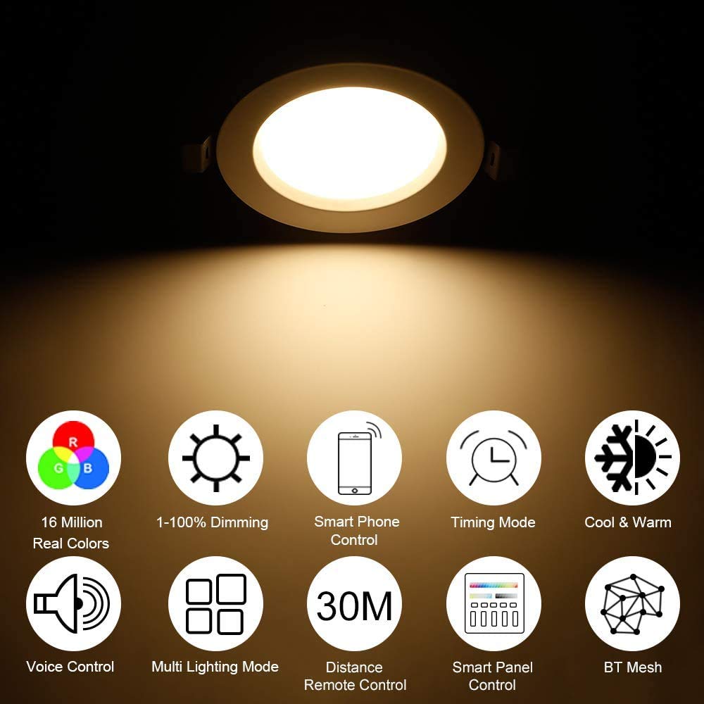 Lot De 4 Spots Encastrables LED Bluetooth RGB + CCT 5W - 16 Millions De Couleurs, 2700K-6500K, Réglable Via App Et Télécommande, IP44, Pour Salle De Bain, Salon
