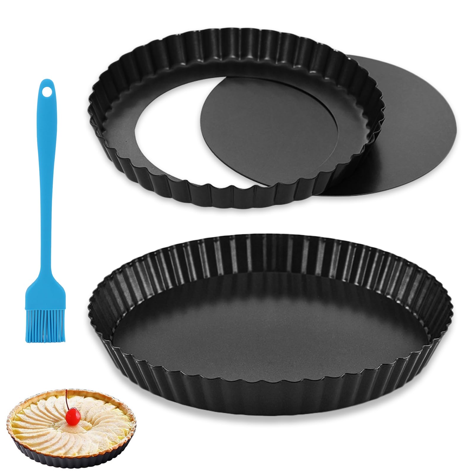 TFLPUO 2 PCS Quiche Pan Dish, 22cm&28cm Quiche Dish Pie Tins Deep Tart Tin with Loose Base Silicone Scrubber Non Stick Flan Dishes for Cheese Apple Pie Baking