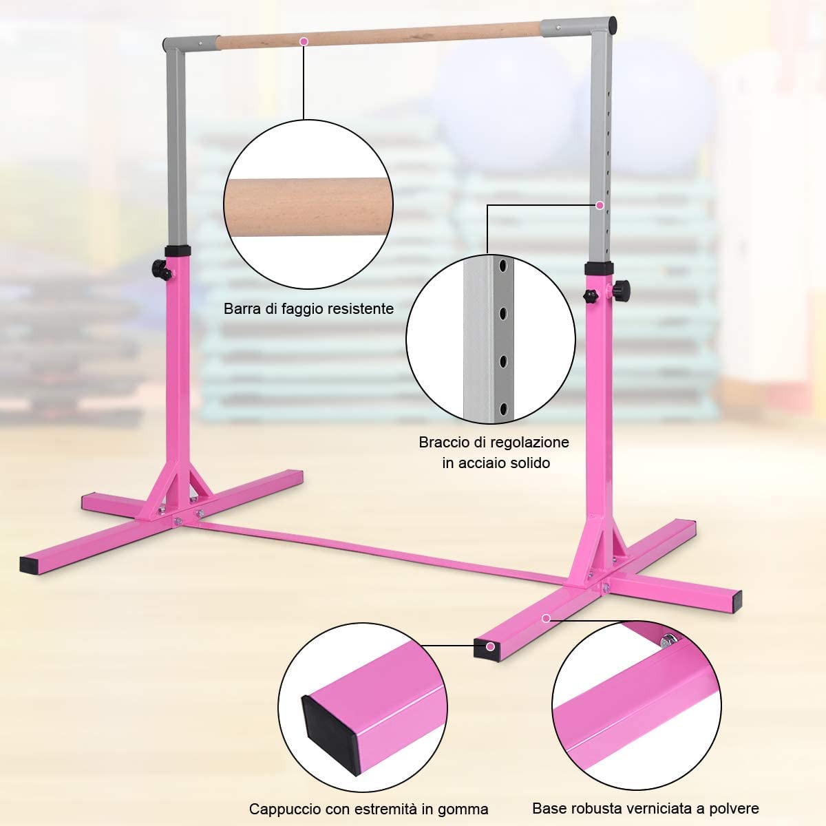 GYMAX Sbarra da Ginnastica Artistica in Legno Massello e Acciaio, Sbarra da Danza Classica per Casa Regolabile in Altezza tra 91 e 150 cm, con Portata di 100 kg, 200 x 121 x 91/150 cm