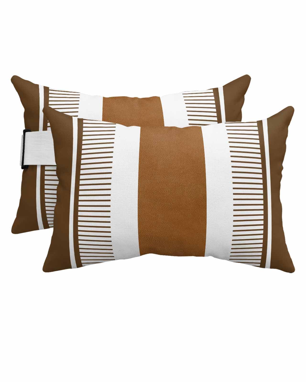 HERBED Outdoor Pillows Covers with Inserts Boho Brown Striped Tribal Farmhouse Style Waterproof Pillow with Adjustable Strap Throw Pillows for Patio Furniture Pool Lounge Chair, 11x16 Inch, 2PCS