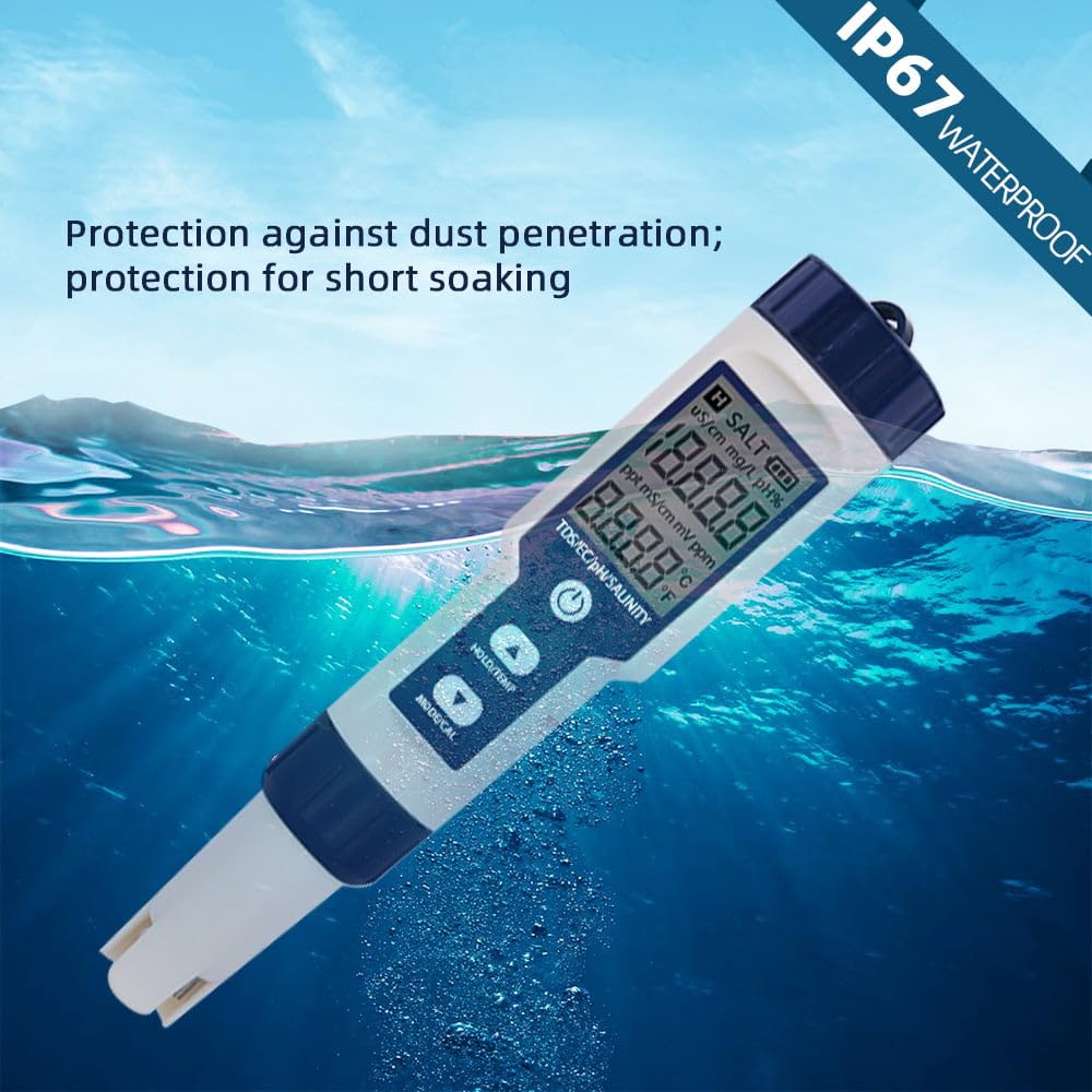 Testeur TDS, pH Mètre 5 en 1 pH Metre Piscine et Testeur Piscine Electronique, Mesure TDS/pH/Salinité/EC/Température, Écran LCD Rétroéclairé, Pour Piscine, Eau Potable, Hydroponie, Aquarium