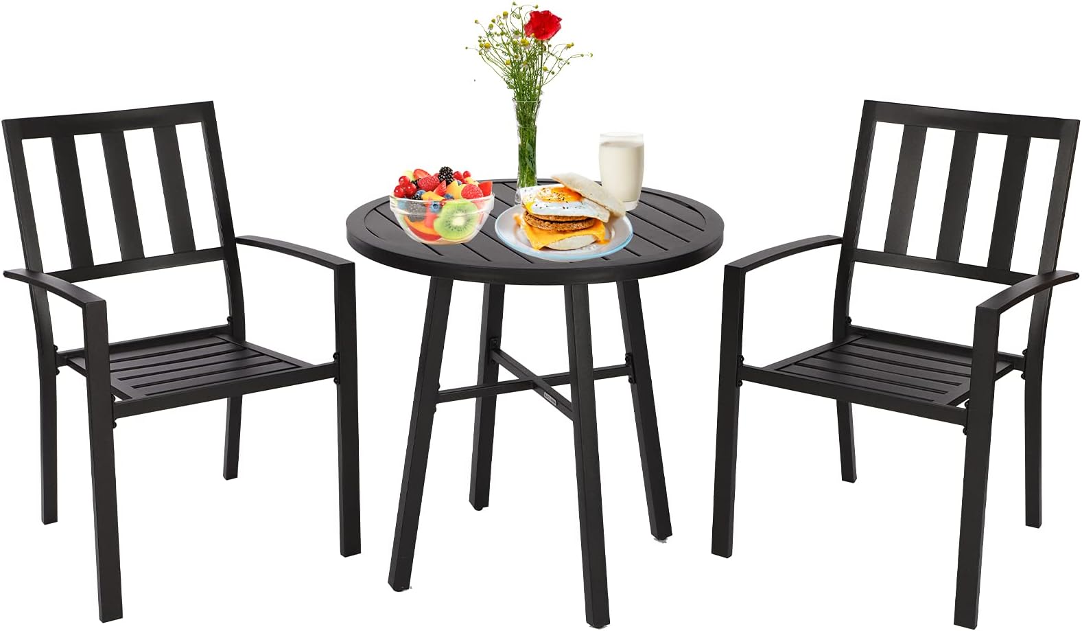 Dining Bistro Furniture Set 2 Seater with Round Table, Garden Metal Round table and 2 Armchairs for Outdoor Backyard Porch Poolside Lawn Balcony