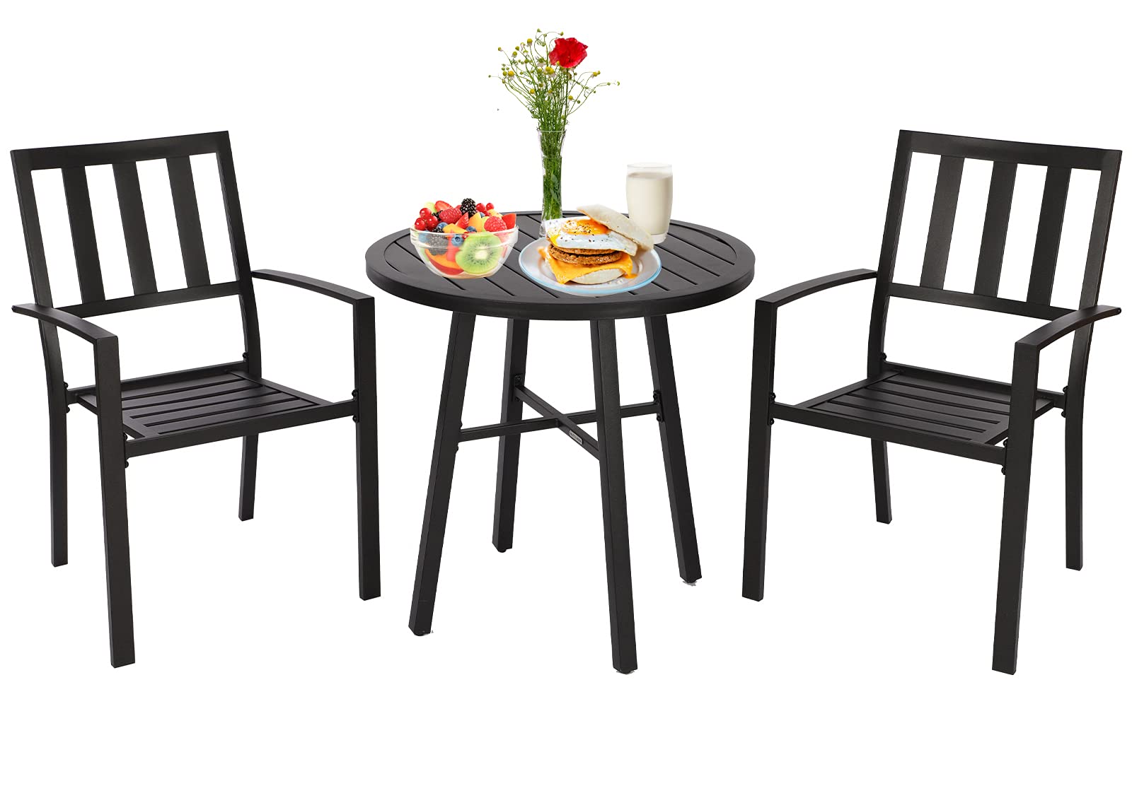 Dining Bistro Furniture Set 2 Seater with Round Table, Garden Metal Round table and 2 Armchairs for Outdoor Backyard Porch Poolside Lawn Balcony