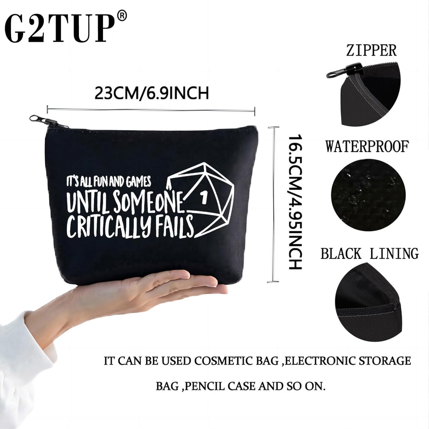 G2TUP Funny Dice Makeup Bag Dice Gift It’s Fun and Games Until Someone Critically Falls Cosmetic Bag RPG Master Gaming Merch (Dice Bag BL)