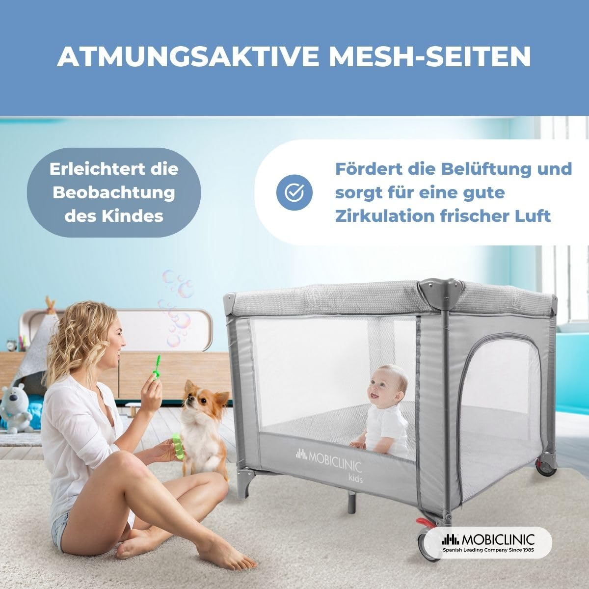 Mobiclinic®, Baby Laufgitter, 2 in 1, Reisebett, Tragetasche, Faltbar, Seitlicher Einstieg, Baby Laufgitter, 0-3 Jahre, Atmungsaktives Netz, 2 Räder mit Bremse, Herausnehmbare Matratze, Sleepland