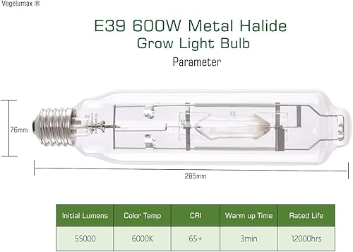 Miniatura 3 de MH 600 W Haluro de metal de un solo extremo HID lámpara de crecimiento de alto PAR Espectros azules y violetas mejorados para horticultura