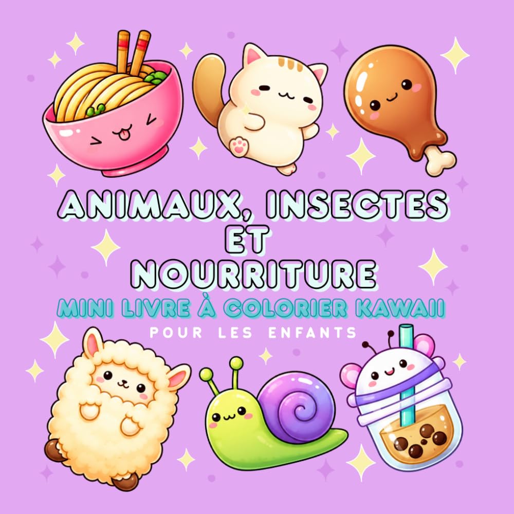Animaux, insectes et nourriture - Mini livre à colorier Kawaii pour les enfants