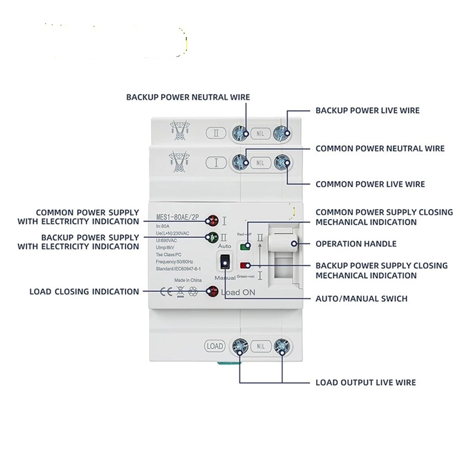 Interruptor de transferencia MES1-80AE 80A Doble potencia 220V, interruptores selectores eléctricos carril Din, disyuntor alimentación ininterrumpida(2)