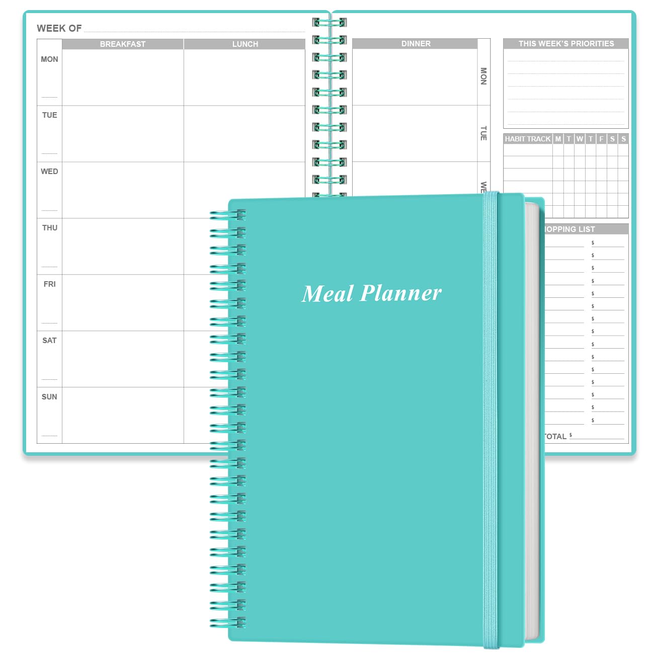 Weekly Meal Planner - A5 Weekly & Daily Meal Prep Journal with Shopping and Grocery Lists for Menu Planning, 93 Sheets/186 Pages Healthy Diet & Weight Loss Tracking, Undated, 52 Weeks, Lasts 1 Year,