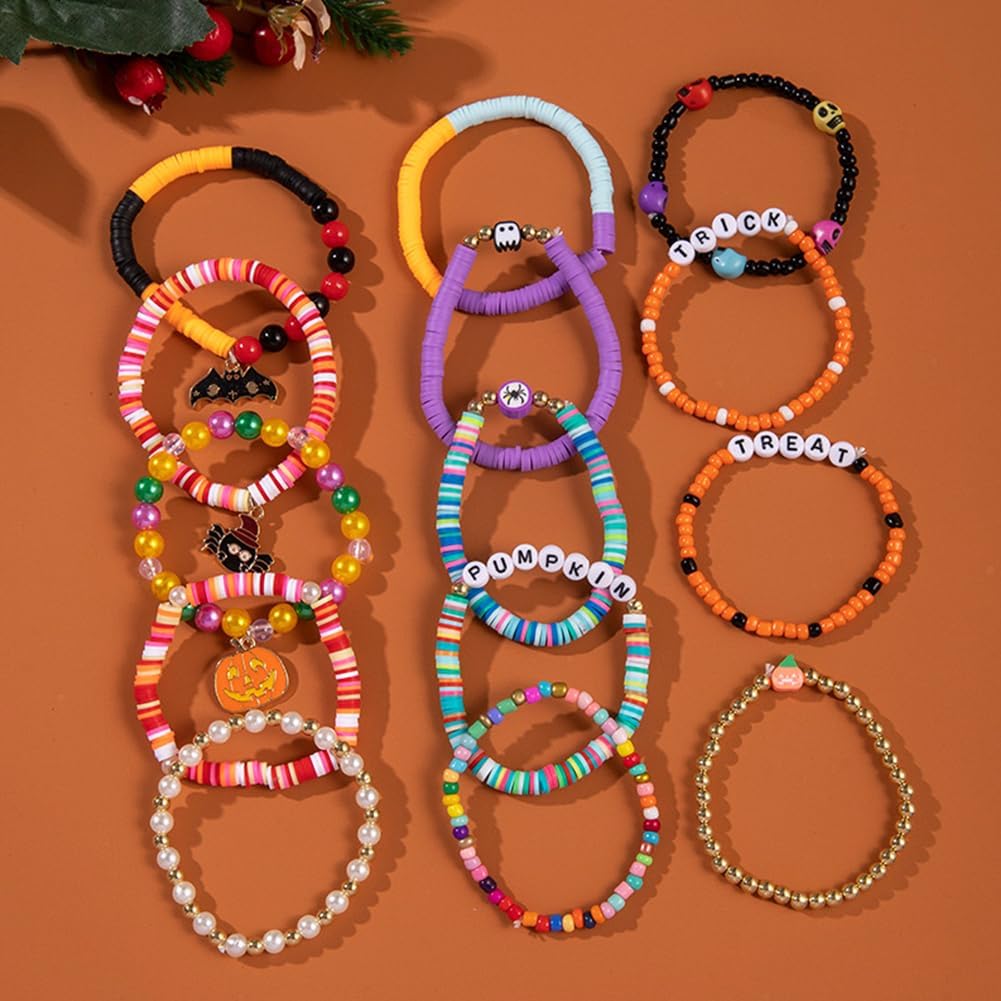 14pcs Halloween Bracelets Set Colorful Festive Adjustable Clay Bead Bracelets Bulk Women's Clay Surfer Heishi Bracelet for Women Party Supplies - Image 3
