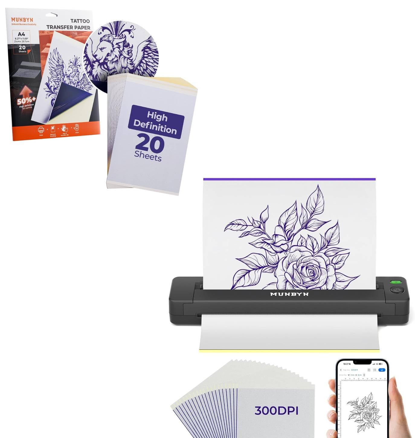 MUNBYN ITP06 300DPI Bundle d'Imprimante à Tatouage Thermique sans Fil avec 20 Pochoirs de Transfert, Compatible avec Smartphone et PC, Inclut 20 Feuilles de Papier Transfert Thermique A4