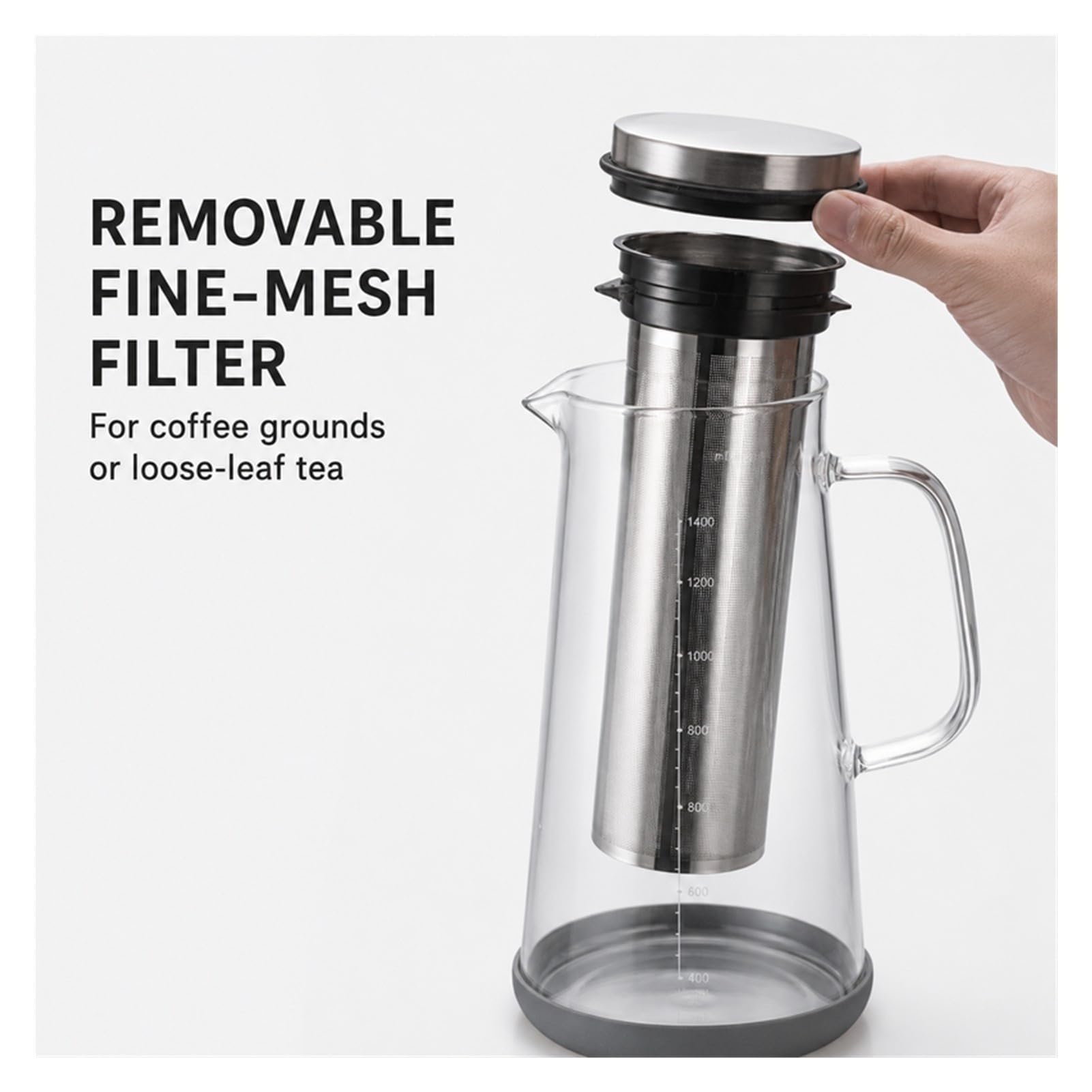 Caffettiera Cold Brew da 1,4 L, Caraffa Cold Brew con Filtro Fine Rimovibile, Brocca caffè Freddo in Vetro Borosilicato e Acciaio Inox per caffè e tè(1000ml)