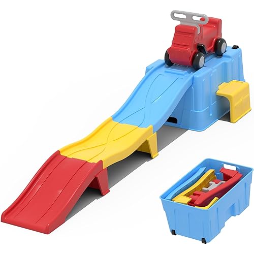 Up & Down Roller Coaster，Kids Ride On Toy，Toddler Push Car with Assembled Race Track & Storage Base Box, Indoor Outdoor Playset