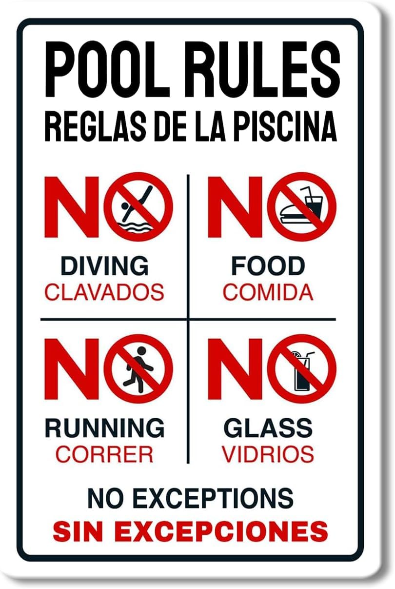 Pool Rules No Diving No Running No Food No Glass Rust Free Aluminum Sign - Wall Decor with Pre-Drilled Holes for Indoor-Outdoor Use - 12x16 Inch​