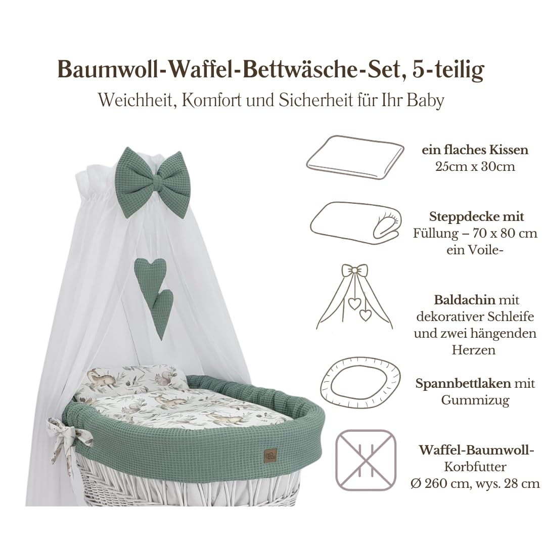 Stubenwagen Lena mit Baldachin – Babywiege mit Rollen, Matratze & Bettwäsche aus Waffelstoff mit Khaki - Rehlein, handgefertigt, grau Moseskorb aus Weide