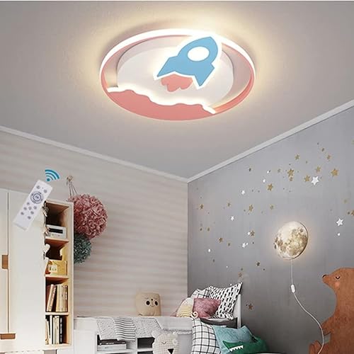 NERDOH Lámpara de techo LED para niños diseño de cohete lámpara de techo de acrílico de dibujos animados regulable con lámpara de control remoto
