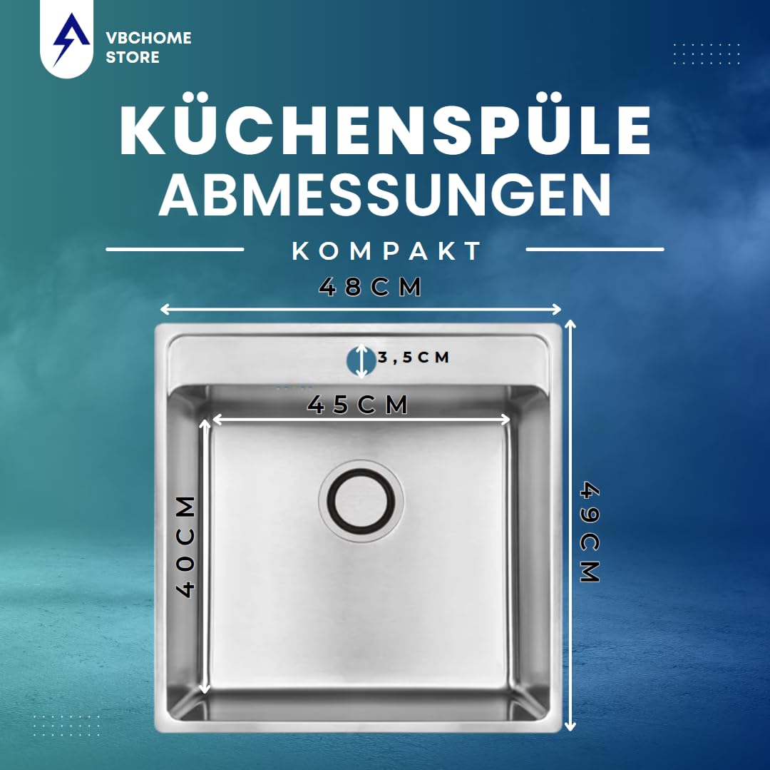 VBChome Edelstahl Einbauspüle 49x48x21 cm – Gebürsteter Inox-Stahl, Großes Becken mit Hahnloch, Küchenspüle inklusive Siphon, Robuste Edelstahlspüle