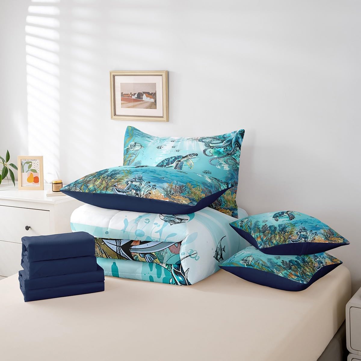 Feelyou Sea Turtle Bedding Set Twin Size 7 Pieces Ocean Creature Anchor Decor Marine Animals Comforter Set Summer Blue Coastal Themed Bed in a Bag with Comforter, Sheets, Pillowcases & Cushion Cover