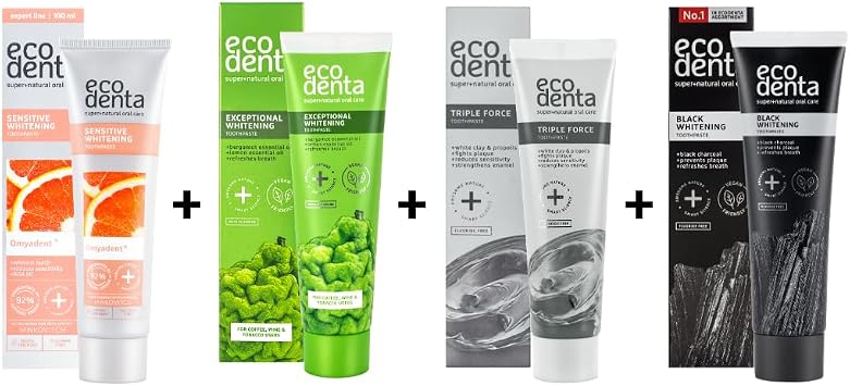 Ecodenta Expert Toothpaste Multipack - Activated Charcoal, Exceptional Tooth Whitening with Bergamot, Sensitive Toothpaste Whitening with Omyadent, Triple Force - 4x100ml