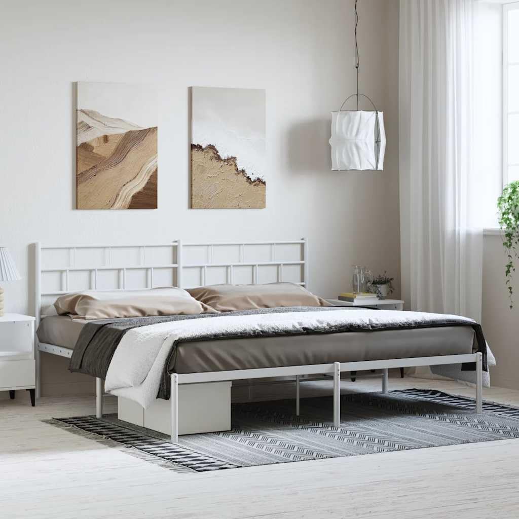 Metal Bed Frame White Powder-Coated Steel Full Size Platform Bed Frame with Headboard and Storage, Heavy-Duty Nonslip Foundation for Bedroom Mattress Support