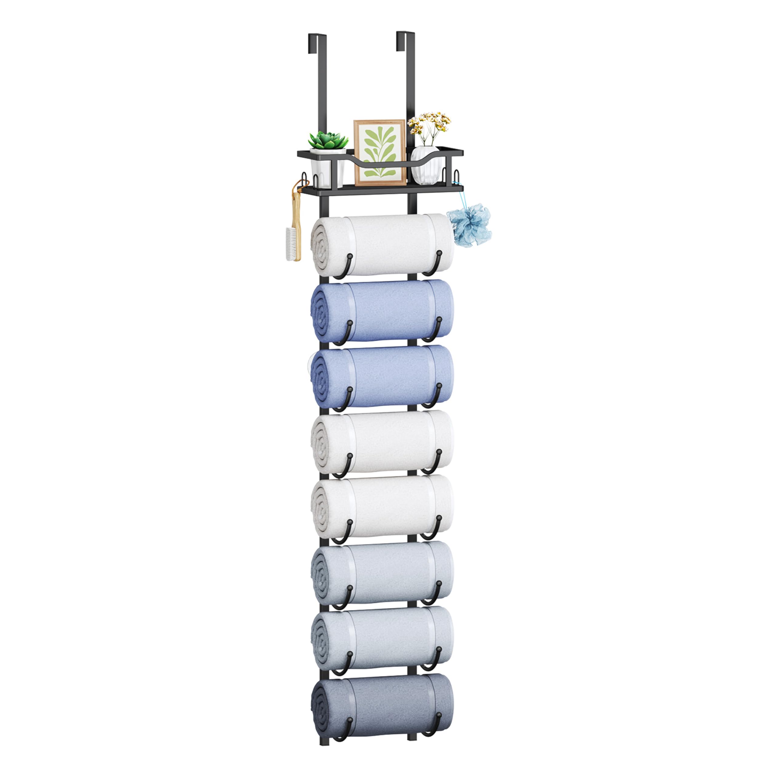 SWTYMIKI Over Door Towel Rail - 9 Tier Towel Racks for Bathroom Wall Mounted, Towel Holder with Shelf, Hanging Rolled Towel Storage Organizer for Small Bathroom, Camper, RV, Black