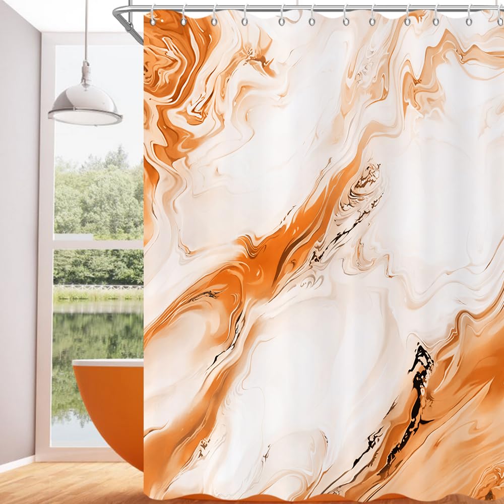 GCIREC Shower Curtain, 180x240cm, Orange Modern Abstract Art Watercolor Marble Gradient Waterproof Fabric Machine Washable Bathroom Curtain with Hooks — image 1