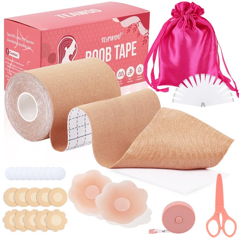 Image of TEAWOO Boob Tape Kit, Breast Lift Tape with Nipple Covers & Double Sided Tape, for A‑G Cup Sizes