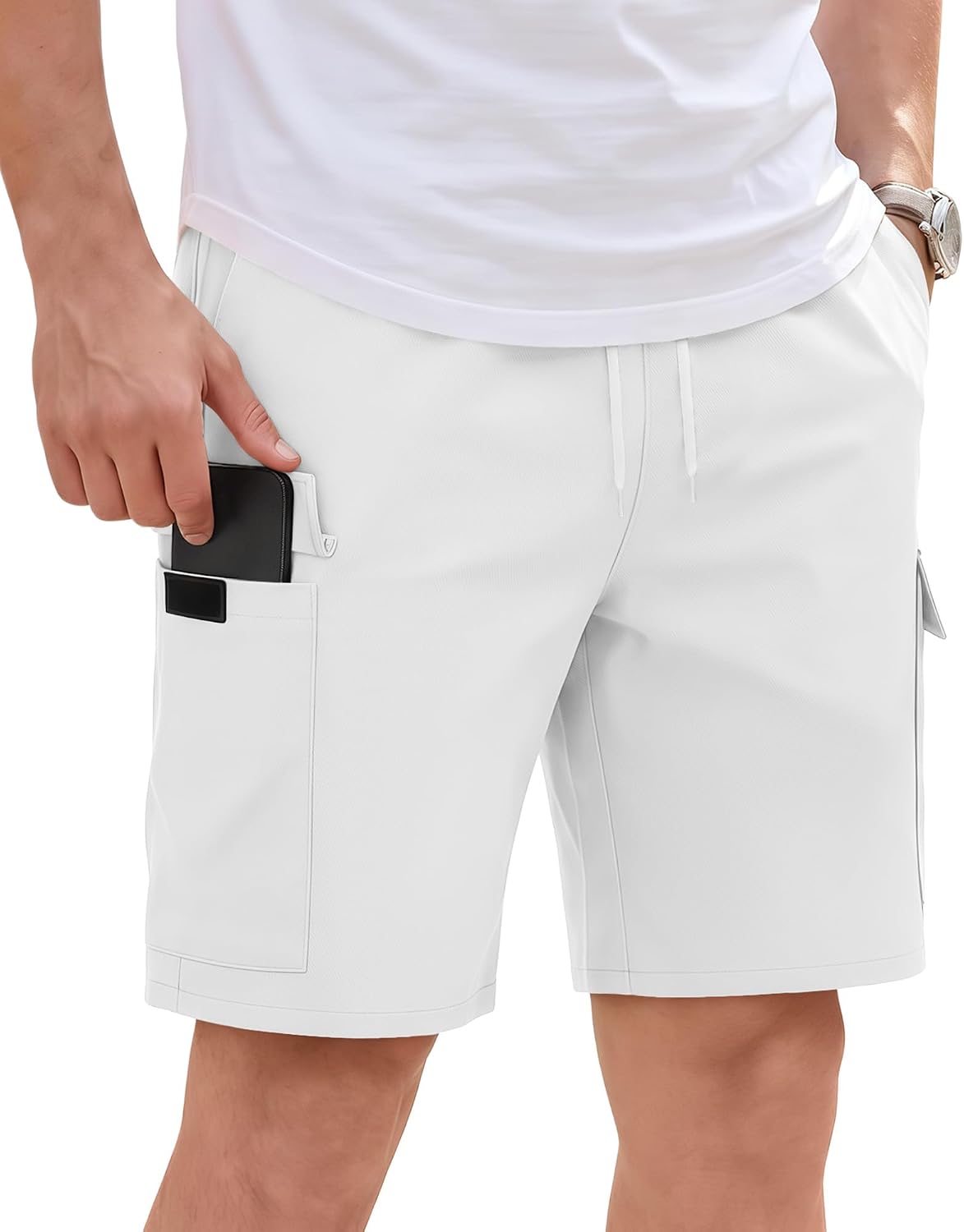 Men's Cargo Shorts Elastic Waist Drawstring Cotton Stretch Relaxed Fit Summer Work Shorts with Multi Pockets