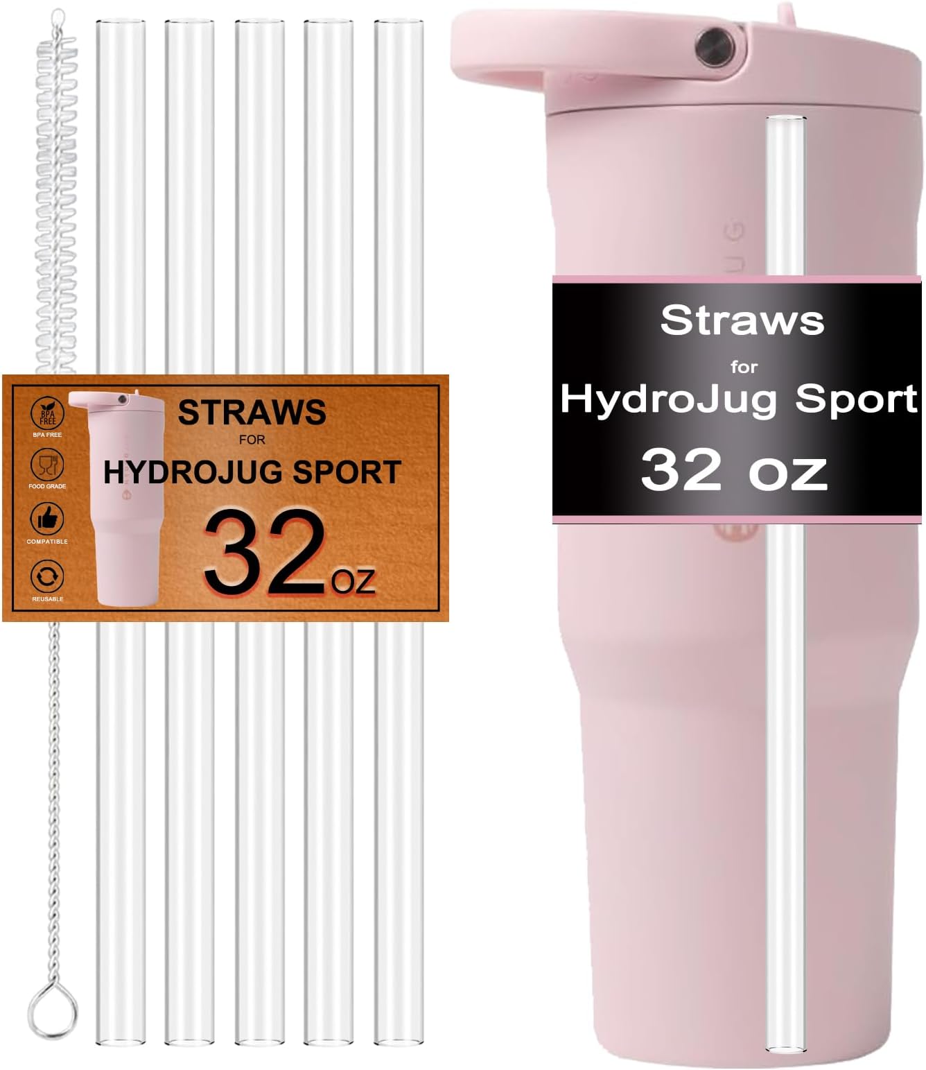5-Pack Replacement Straw for HydroJug Sport 32 oz, Straws for Hydro Jug Sports Stainless Steel Water Bottle 32oz Accessories, Reusable,Tritan,Dishwasher Safe,Food Safe,BPA Free,Clear