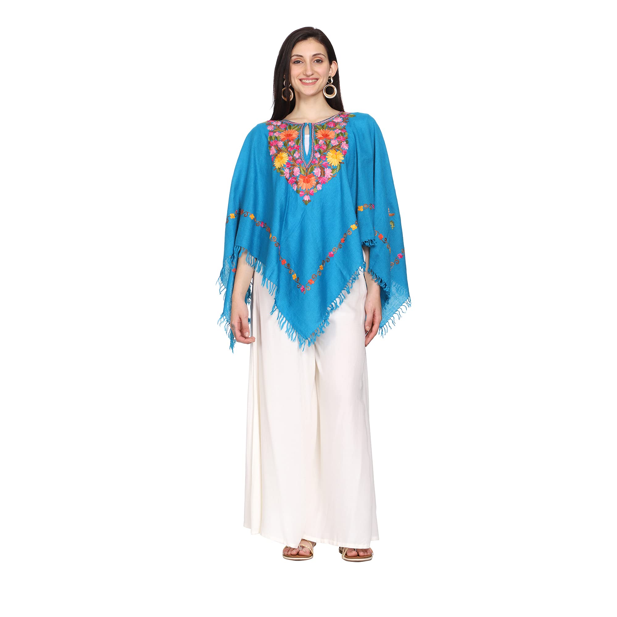 craftbazar Kashmiri embroidered Tarquise woolen poncho-picture-1