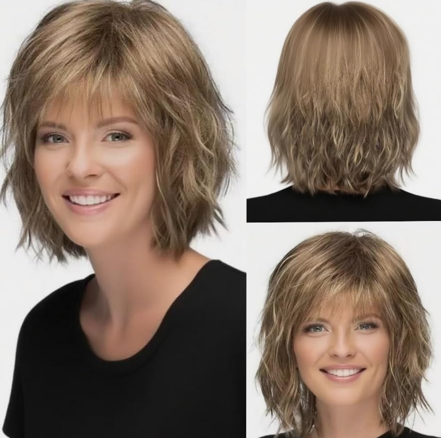 Image of Brown Heat-Resistant Wavy Wig with Bangs Women's Shoulder-Length Synthetic Hairpiece for Daily Use and Halloween (Brown)