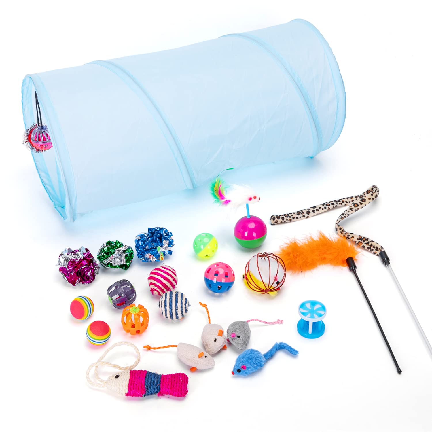 Nobleza - Juguetes Gatos Pack,Que Incluyen Túnel para Gatos, Ratones y Varias Pelotas para Gatos, Campanas, Resortes, Hierba Gatera,24PCS