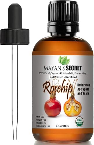 Aceite de semilla de rosa mosqueta por Mayan's Secret certificado por USDA, orgánico, prensado en frío, sin refinar. Aceite esencial para cara,
