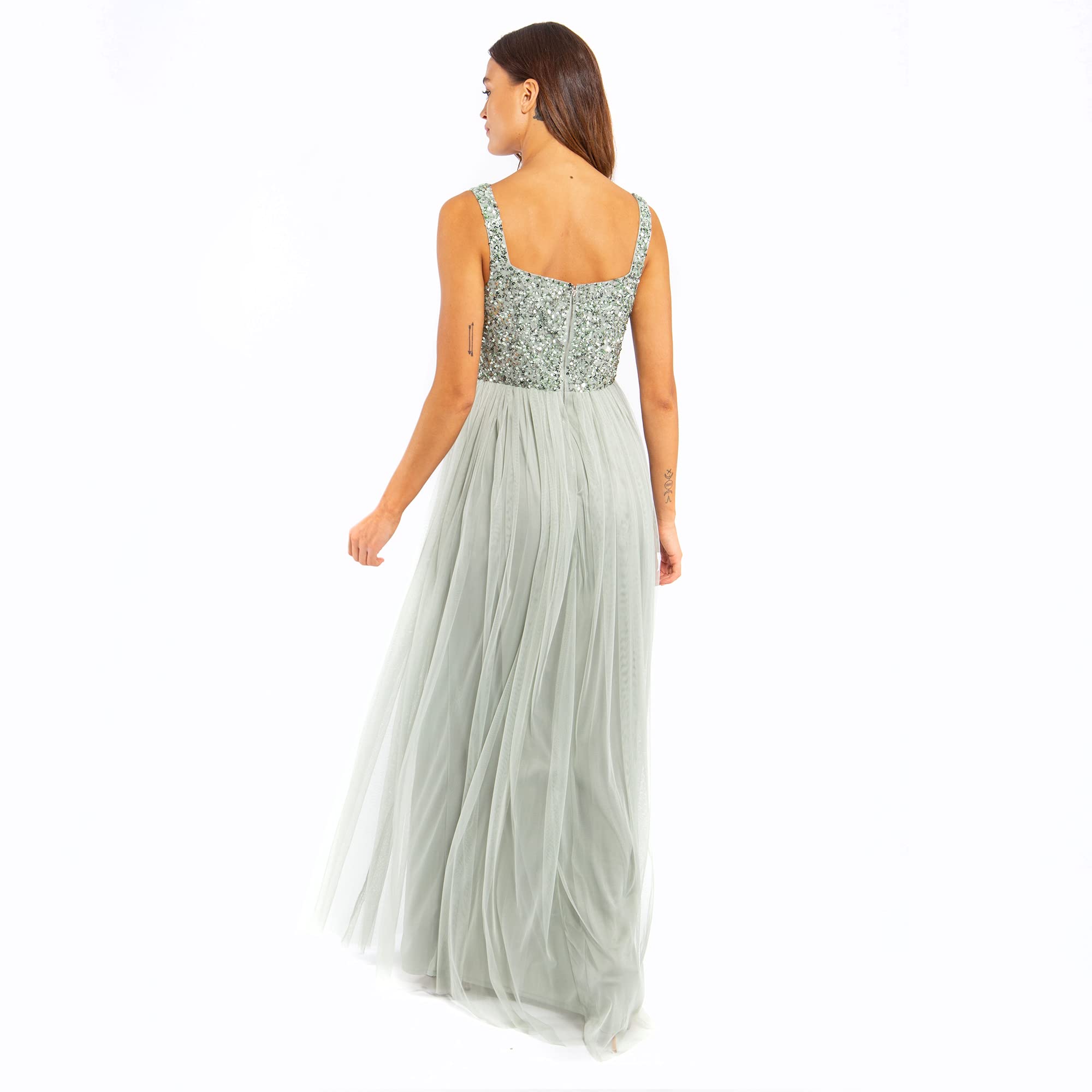 Damen Maxikleid mit Breiten Trägern, Ärmellos, Quadratischer Ausschnitt, Verziert für Hochzeit, Gast, Abschlussball