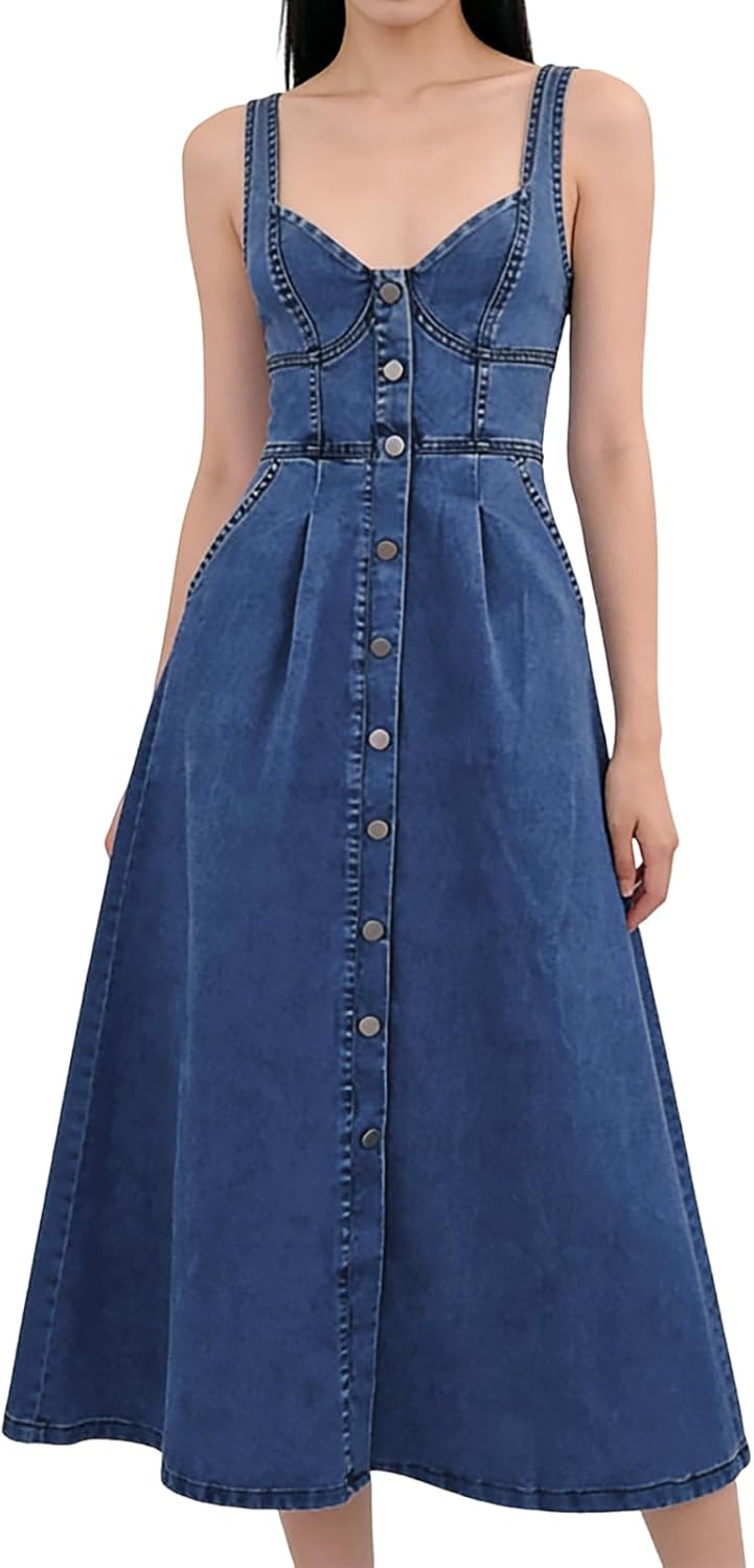 utcoco Denim Dress for Women Sleeveless Button Down Slim Fit Midi Jean Dresses for Women 2025