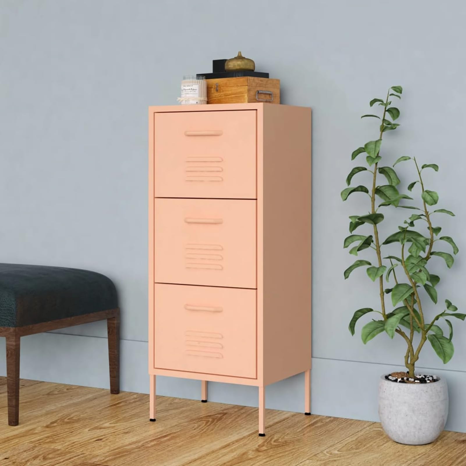 Armadio portaoggetti in acciaio rosa, 42,5 x 35 x 101,5 cm, con cassetti completamente estraibili (3 pezzi, 20 kg ciascuno) per ordine in casa