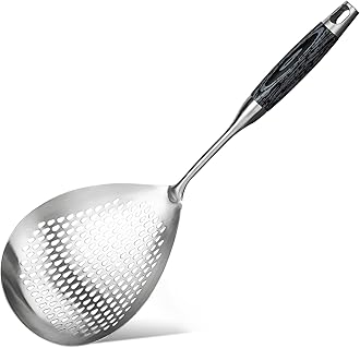 Skimmer Slotted Spoon, Length 16.3 Inches Diameter 7.4 Inches Pasta Strainer/Frying Spoon for Kitchen and Colander, Stainless Steel Ladle/oil strainer for Cooking with Black Wooden Handle