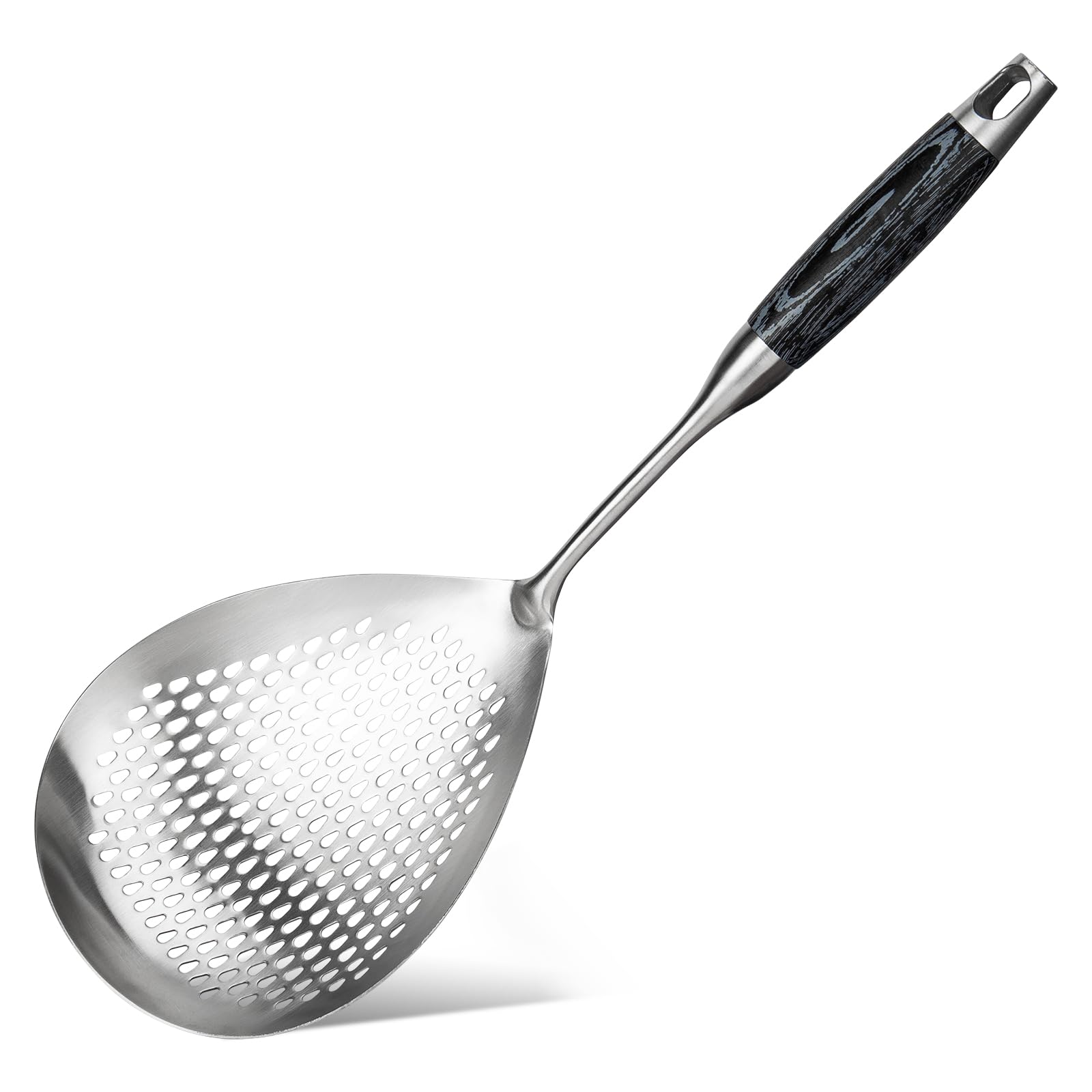 Skimmer Slotted Spoon, Length 16.3 Inches Diameter 7.4 Inches Pasta Strainer/Frying Spoon for Kitchen and Colander, Stainless Steel Ladle/oil strainer for Cooking with Black Wooden Handle