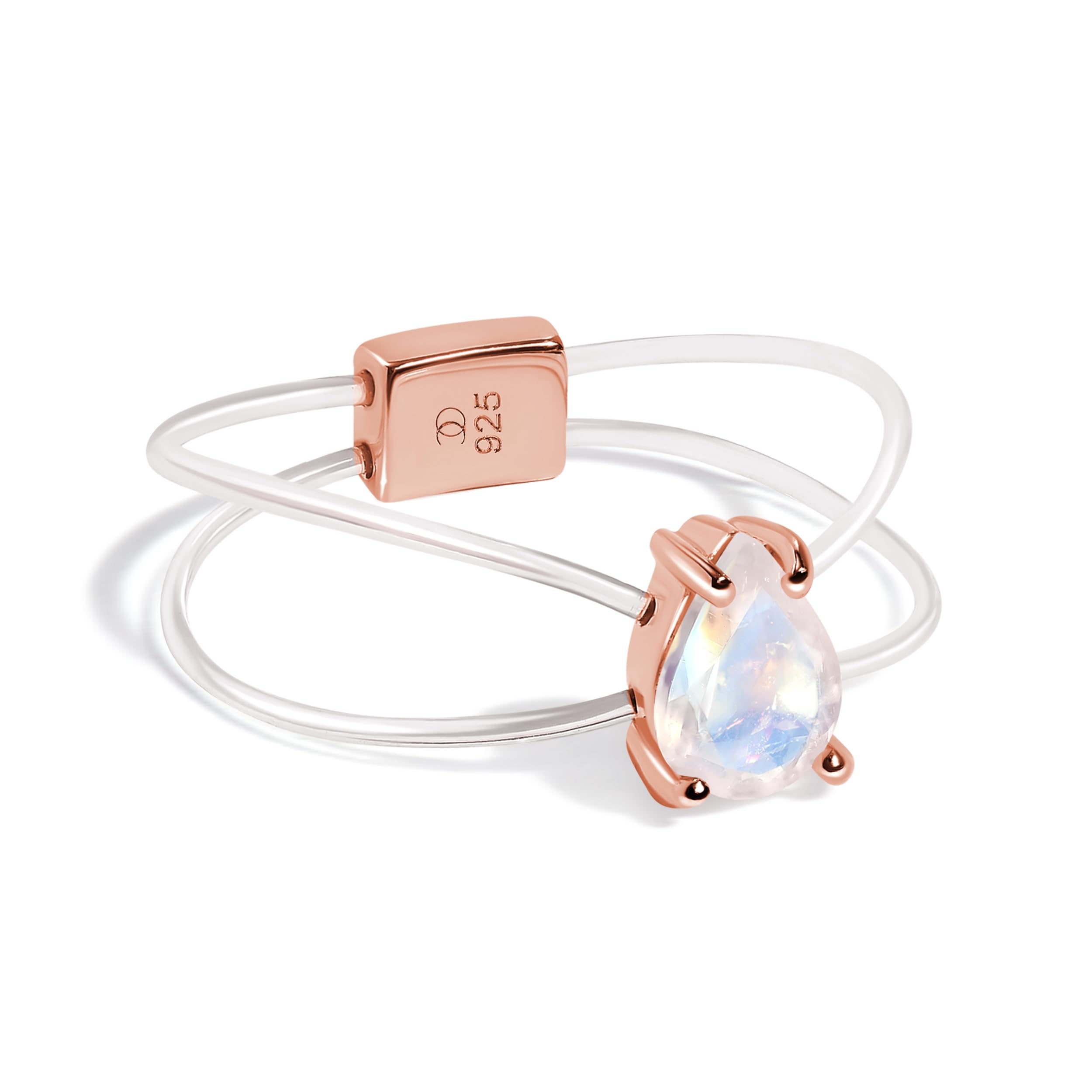 Moon MagicAuthentic Rainbow Moonstone Floating Gemstone Ring with Stretchy Invisible Band/ 925 Sterling Silver - 18K Rose and Yellow Gold Natural June Birthstone Rings for Women/Genuine Jewelry