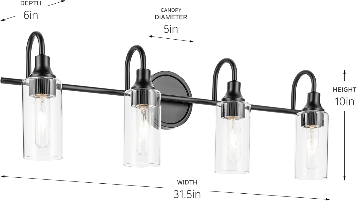 Kichler Kavi 4-Light Bathroom Vanity Light Fixture 31.5" Modern Black Finish with Clear Glass Over Mirror for Powder Room, Damp Rated (31.5" W x 10" H), 55212BK